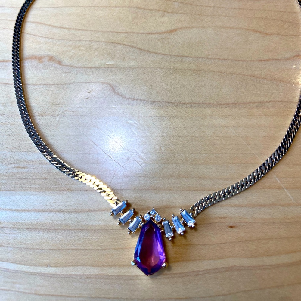 Christian Dior Purple Amethyst/Clear Rhinestone Flat Gold Chain Necklace Logo - Picture 2 of 8